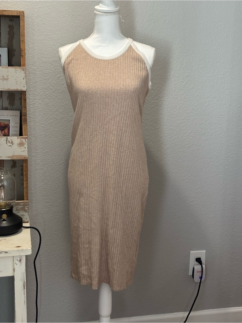 C&C California Ribbed Tan Midi Dress with White Trim